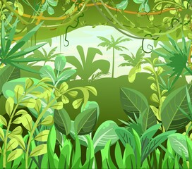 Thick impassable Jungle background. Plants rainforest. Beautiful green landscape with exotic trees and palms. Vector.