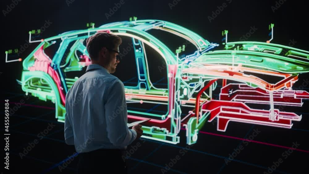 Poster innovative green energy startup: engineer designing electric car using tablet computer and big wall 