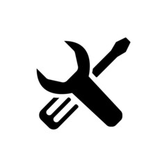 Simple Wrench and screwdriver or tools solid black icon. Trendy flat style isolated symbol, can be used for: illustration, minimal, logo, mobile, app, emblem, design, web, ui, ux. Vector EPS 10