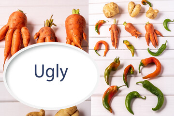 Collage with fresh raw Ugly curved carrot,potato and peppers .