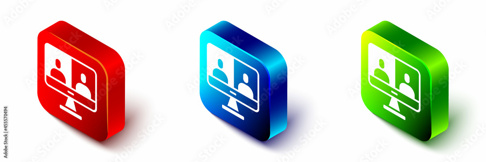 Poster Isometric Video chat conference icon isolated on white background. Computer with video chat interface active session on screen. Red, blue and green square button. Vector