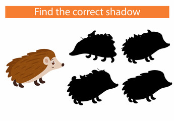Cartoon hedgehog. Find the right shadow. Vector, cartoon style.