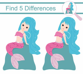 Cartoon mermaids. Find 5 differences. Educational game for children.