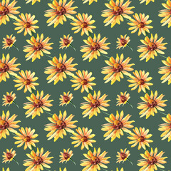 Fototapeta na wymiar Watercolor seamless pattern. Yellow autumn flowers on a dark background. Pattern for decorating fabric and wrapping paper