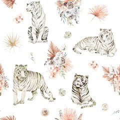 Aquarel witte tijger naadloze patroon. Boho naadloos patroon voor stof, 2022 Nieuwjaarsymbool. Tropische herhalingsachtergrond voor verpakking, inpakpapier, kinderkamerinrichting