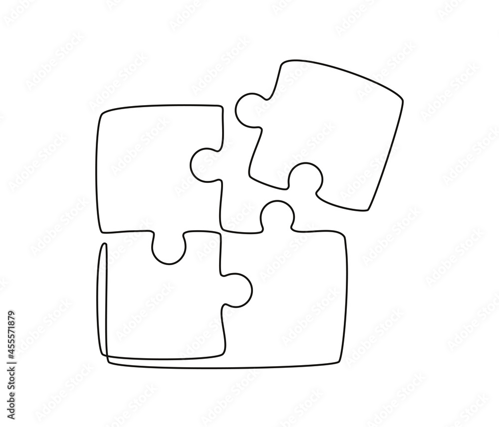 Poster Continuous one line drawing of a joined pieces of Puzzle game. Group Teamwork, cooperation and business strategy concept in doodle style. Editable stroke. Linear Vector illustration