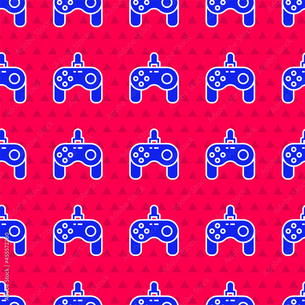 Poster blue gamepad icon isolated seamless pattern on red background. game controller. vector