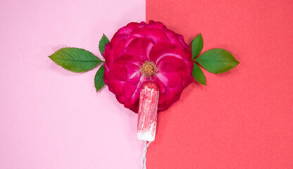 A tampon in a rose. Women's health, menstrual cycle.