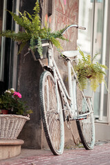 Fototapeta na wymiar White bike filled with plants as decoration on a street