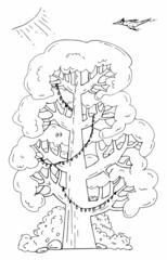 fairy tree with bird and sun cartoon illustration