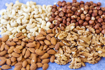 Different Types of Nuts - Top view. Hazelnuts, Almonds ,Walnuts and Cashew