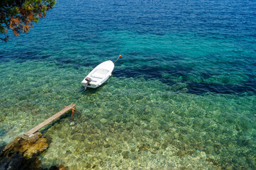 Croatia, small boat floating on Adriatic Sea near Korcula Island
