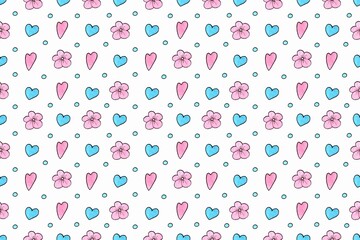 Seamless pattern with hearts and flowers in blue and pink colors. Watercolor Hand painted illustration. Graphic resource for invitation cards, wrapping paper, baby shower