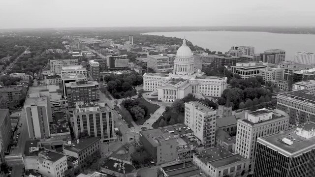 Madison Wisconsin State Capital Building Aerial in Black and White Monochrome