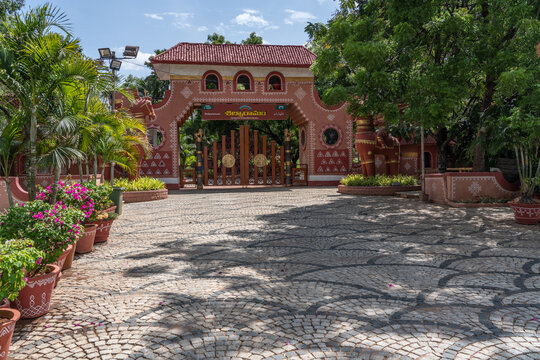 Hyderabad, India, June 2021, entrance to Shilparamam, the Model village with museum, lake and demonstrations of traditional arts and crafts skills.