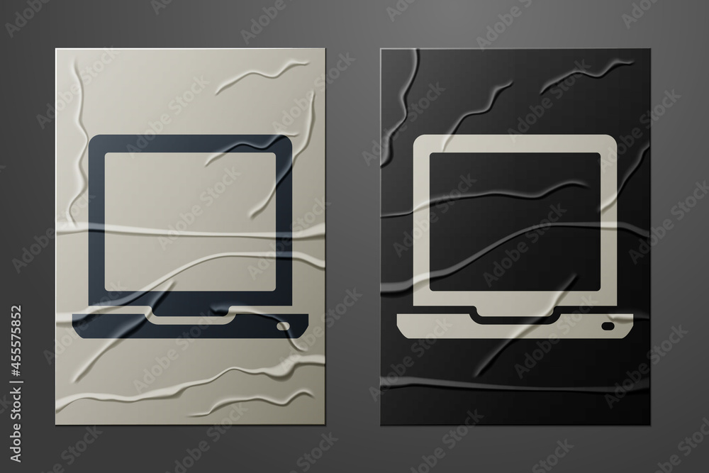Poster white laptop icon isolated on crumpled paper background. computer notebook with empty screen sign. p