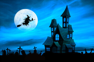 Halloween - wieźma na miotle na tle księżyca w pełni nad cmentarzem i nawiedzonym domem.