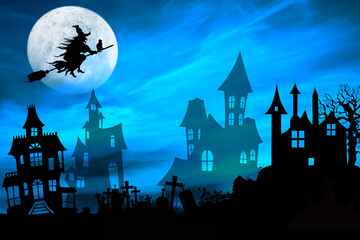 Halloween - wieźma na miotle na tle księżyca w pełni nad cmentarzem i nawiedzonymi domami.