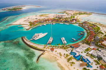 Marina at the Crossroads Maldives islands. South Male atoll. Aerial drone picture. June 2021