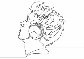 profile portrait of man in headphones - continuous line drawing