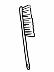 Wooden scrub brush with handle for cleaning isolated on white background. Vector hand-drawn illustration in doodle style. Suitable for your projects, decorations, logo, various designs.