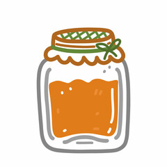 Jar with apricot jam isolated on white background. Hand-drawn vector illustration in cartoon doodle style. Perfect for cards, logo, autumn and holiday designs, decorations.