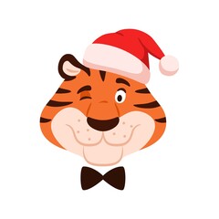 Cute winking tiger head isolated on white background. Cartoon striped color happy character portrait in Santa hat. Adorable Chinese New Year symbol. Christmas holiday flat wildcat vector illustration.