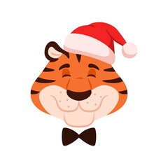 Cute smiling cartoon tiger head isolated on white background. Flat happy character face in Santa hat. Chinese New Year adorable symbol. Comic striped wildcat portrait. Christmas vector illustration.