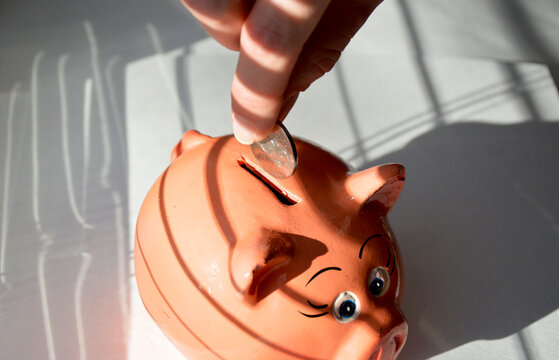 a female hand puts a Russian coin into a piggy bank, a piggy bank in the shape of a pig stands on a light background, the concept of saving and increasing money