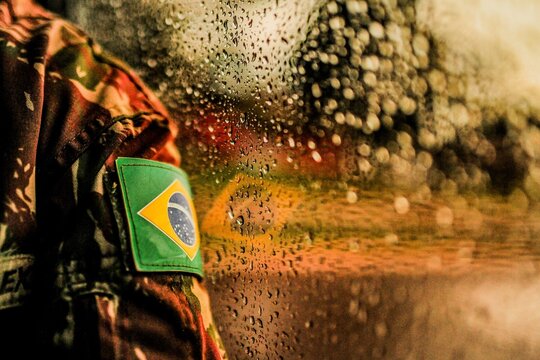 Brazil flag patch on soldiers uniform in close-up
