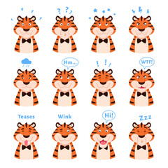 Obraz na płótnie Canvas Cartoon cute tigers portraits collection with facial expressions. Happy striped emotional wildcats isolated on white background. Flat adorable animal head with emotion. Kids design vector illustration