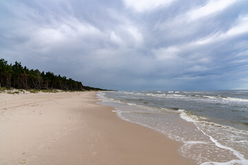 pristine empty sand beaches with forest and sand dunes on the shore - obrazy, fototapety, plakaty