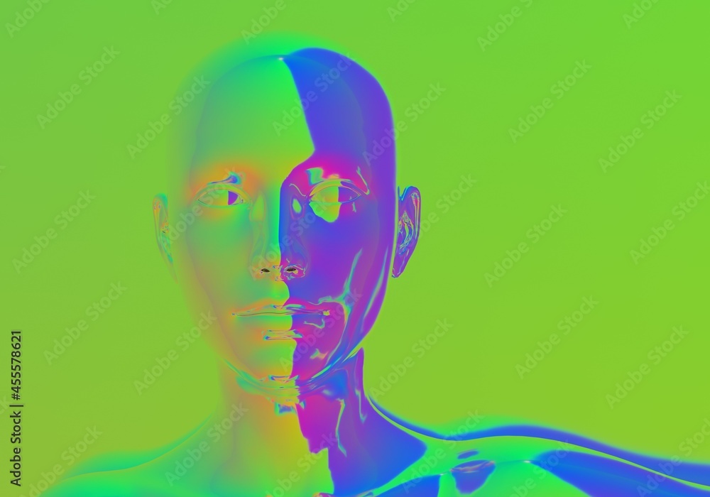 Poster surrealistic 3d illustration of a human face made of holographic material. concept of cyborg and art