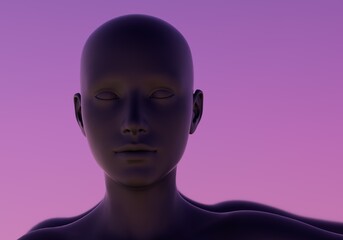 Surrealistic 3d illustration of a human head on purple background. Concept of cyborg and artificial intelligence.