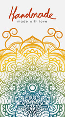 Vector cards with the inscription handmade. Retro entic ornament. Colored rainbow mandala.