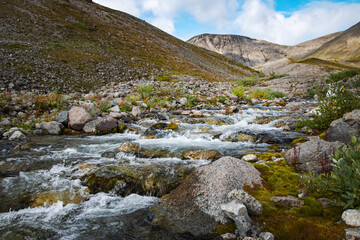 landscape of the Khibiny mountains with rocks and a mountain stream on a sunny day. Kola Peninsula, Russia