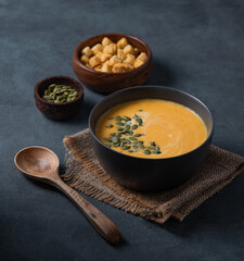 Vegetarian  pumpkin cream soup with green seeds and croutons in gray  bowl on dark background.  Rustic style