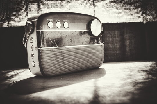 Fototapeta Gray and black photo of vintage transistor radio