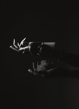 Grayscale photo of robot hand and human hand