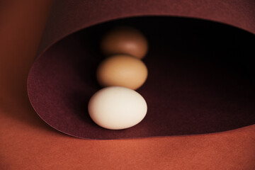 Chicken eggs are laid in a row on brown paper. Paper rolled into a spiral or oval. Easter eggs for...