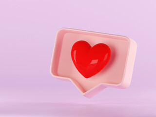 3d like heart icon in pastel pink speech bubble box. Notification element in social media, symbol of love, adding in favorite. Concept of communication in social network