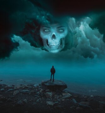 Illustration of man standing on the rock at seashore looking at Human skull in stormy sky