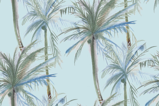 watercolor seamless tropical pattern in discreet shades with coconut trees on a blue background for textiles and surface design