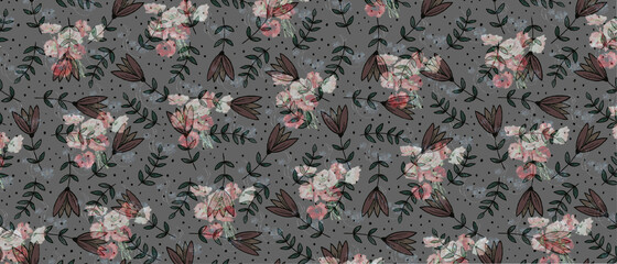  pattern background template roses and pink flowers illustrations and green leaves minimalist black background banner design with small blue gems natural and smooth illustration.