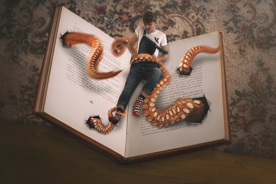 Man trapped by the tentacles of a book
