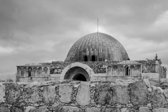 Monochrome photo of Umayyad Palace, Amman, Jordan