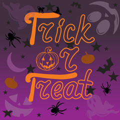 Vector with trick or treat lettering, print template on purple background, halloween concept