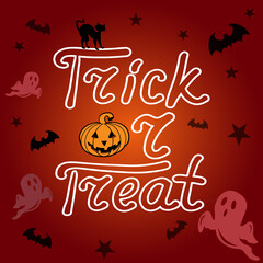 Vector with trick or treat lettering, print for items on red background, halloween concept