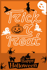 Vector lettering trick or treat, template, flyer, postcard, invitation, flag, halloween concept, on orange background