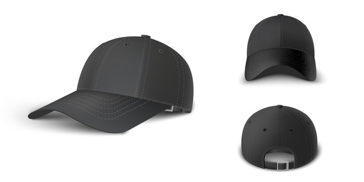 Black baseball cap set side perspective, front and back view realistic vector template